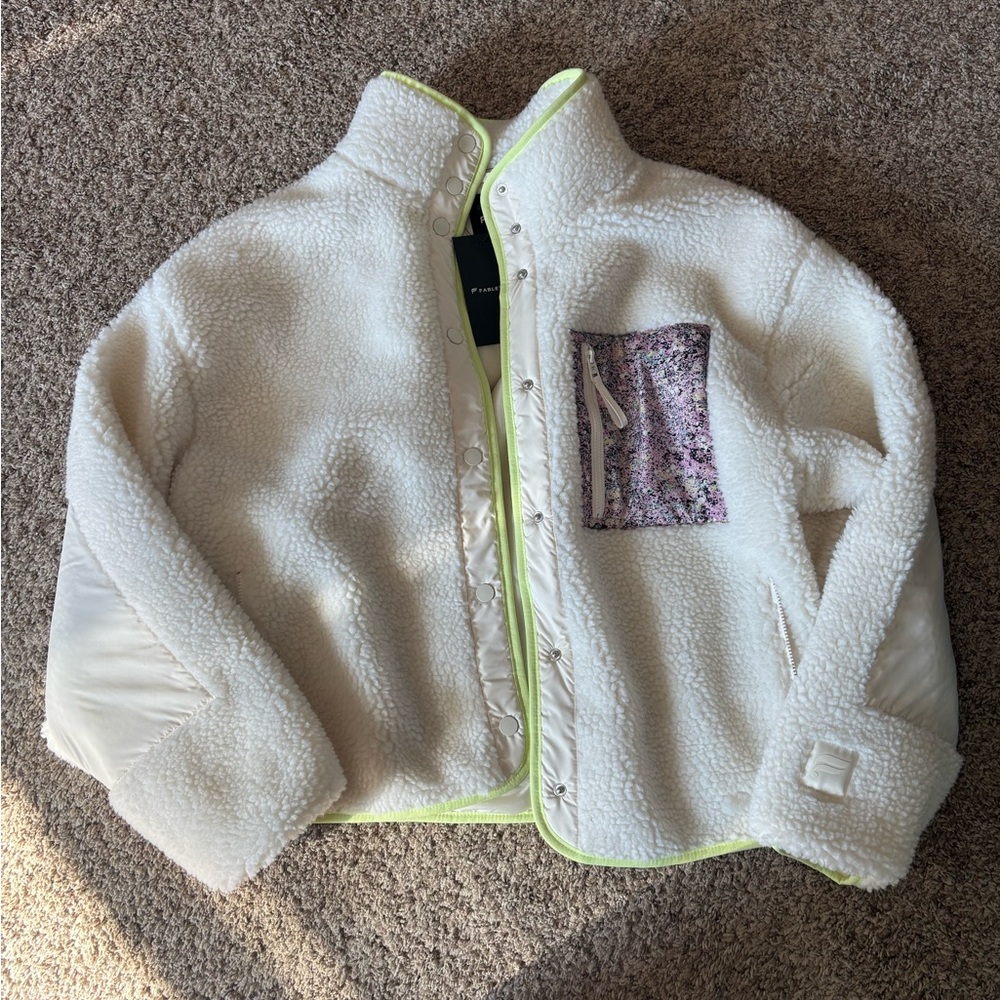Fabletics White Fleece Jacket with Neon Accents